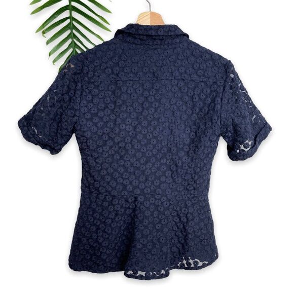 Banana Republic Floral Embroidered Peplum Button-Front Shirt in Navy - Picture 4 of 9
